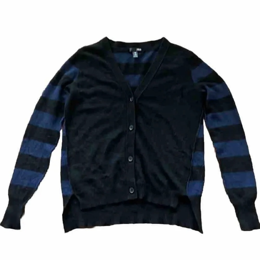 AQUA Cashmere Cardigan Sweater Black Navy Color Block Cozy Fuzzy Soft Size S
